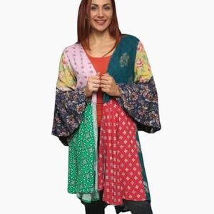 Boho Style Flowing Patchwork Bell Sleeves Kimono Cardigan Cover Color Block